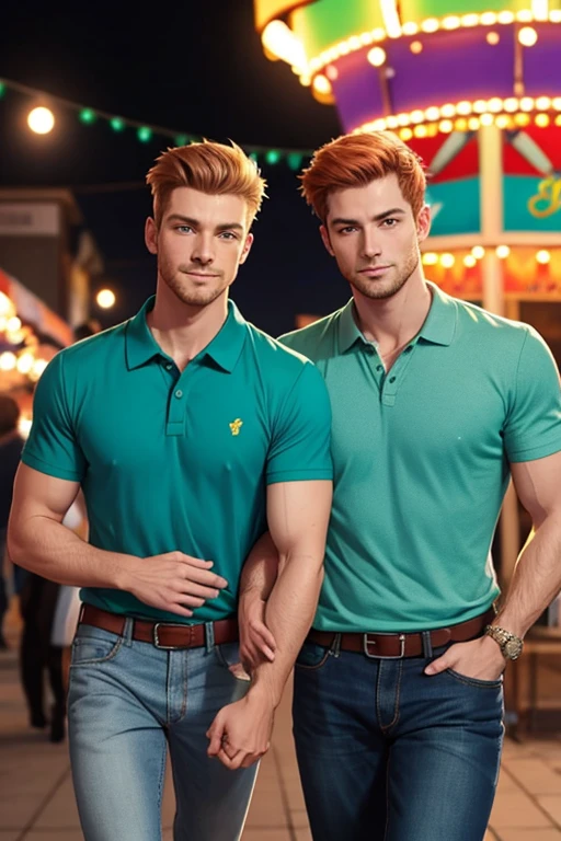 Photo-realistic. A tall, muscular, handsome, 24-year-old jock, with orange hair, stubble, and green eyes, wearing a teal, graphic T-shirt, and jeans, arm around a fit, handsome, 30-year-old, man with short, shaved, brown hair, stubble, and blue eyes, wearing a short sleeve, pale yellow polo shirt, and gray slacks, walking close to each other, leaning into each other, smiling slightly, at a carnival, at night.