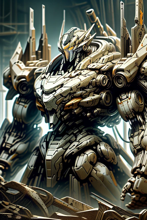 giant mecha,Highly detailed,lifelike,Movie,Dramatic lighting,epic scale,Complex mechanical design,Seamlessly integrate with the environment,Tough and weathered look,A powerful and majestic presence,,