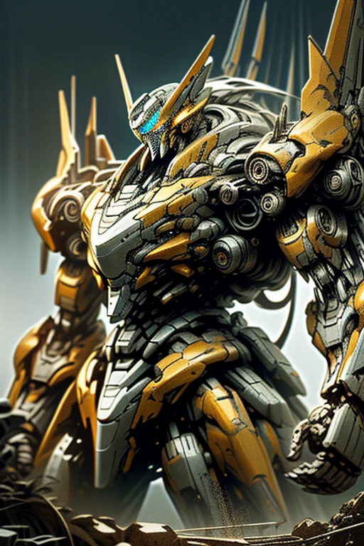 giant mecha,Highly detailed,lifelike,Movie,Dramatic lighting,epic scale,Complex mechanical design,Seamlessly integrate with the environment,Tough and weathered look,A powerful and majestic presence,,