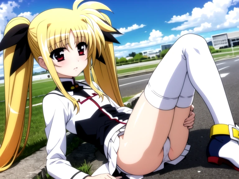 (ultra-highdetail, 8k quality, best quality, extremely detailed illustration,intense shadows),12 yeas old, nsfw, nipple, torn clothes:1.2, (Fate Testarossa, Magical Girl Lyrical Nanoha, red eye, long twintails, blonde hair, black ribbon, ), (white panties, very short white pleated skirt, zettai-ryouiki, white thighhighs), cameltoe, five fingers, embarrassed, cameltoe,