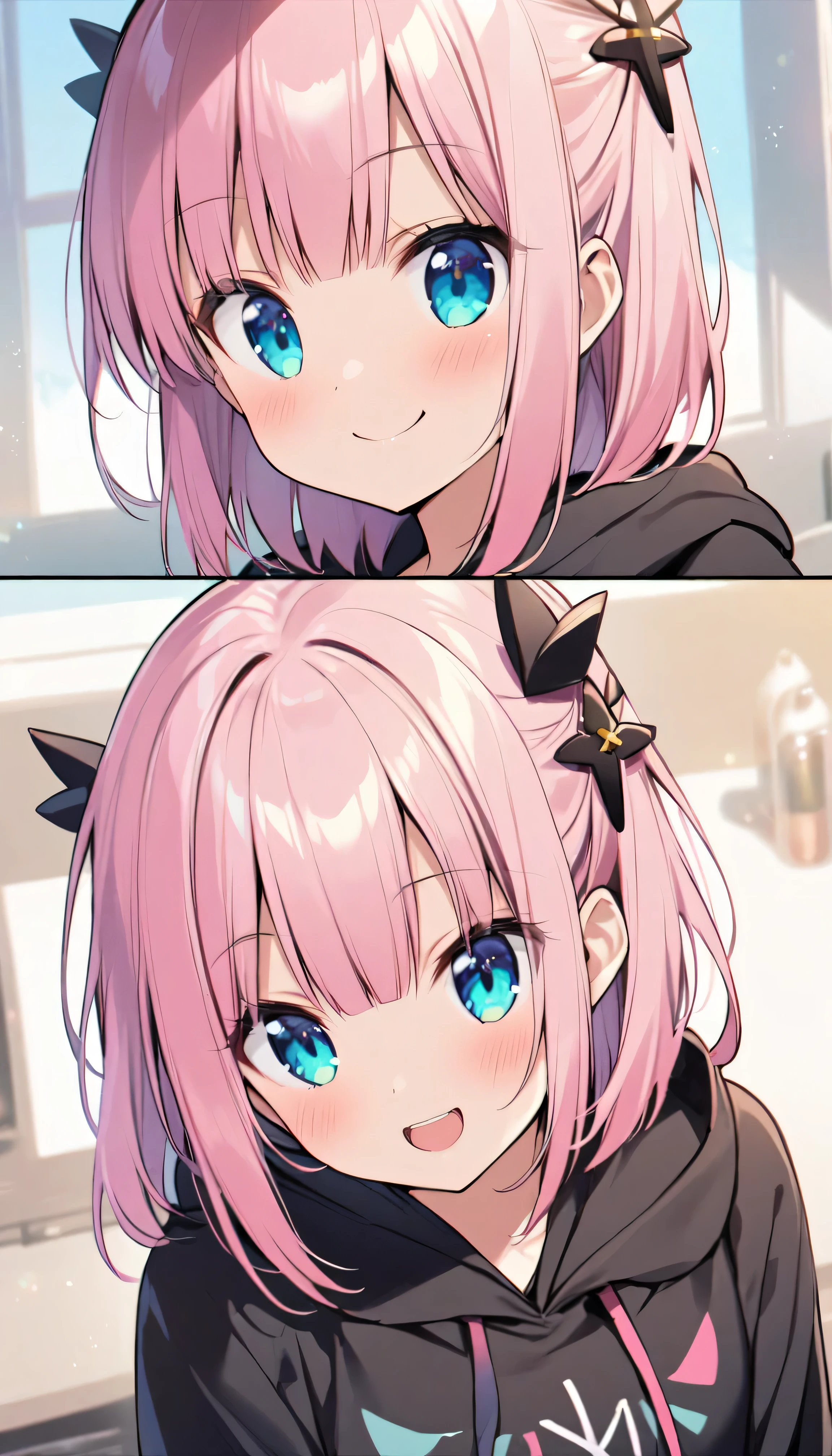 The Demon Girl Next Door、Chiyoda Momo、Pink Hair、Blue Eyes、hair ornaments、Cross Clip、smile、Black hoodie
