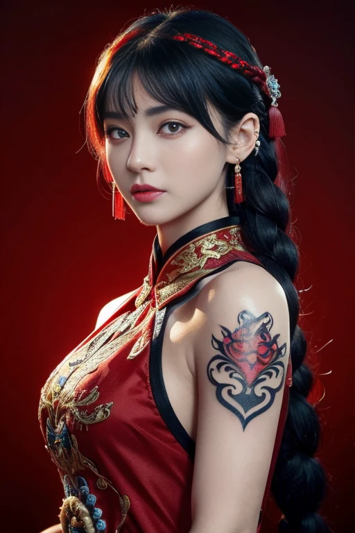 vibrant colors, female, masterpiece, sharp focus, best quality, depth of field, cinematic lighting, white hair, red eyes, braid, dress, long hair, red eyes, tattoo, earrings, jewelry, black dress, hair ornament, bangs, chinese clothes, breasts, china dress, sleeveless, 