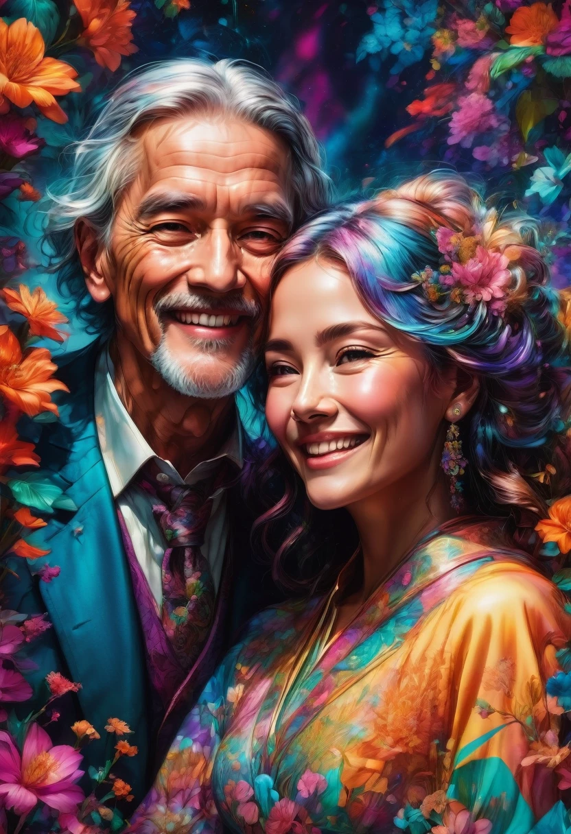 Couple Photo, aesthetic, Joyful adorable smiling elderly people laughing and hugging spreading joy: vibrant colors: surrounded by flowers: intricate details, head and shoulders portrait, 8k resolution concept art portrait by Greg Rutkowski, Artgerm, WLOP, Alphonse Mucha dynamic lighting hyperdetailed intricately detailed Splash art trending on Artstation triadic colors Unreal Engine 5 volumetric lighting