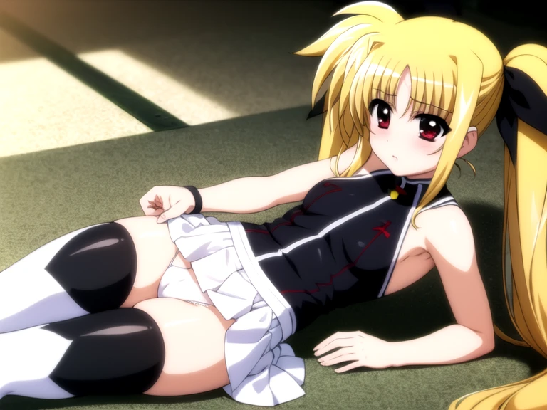 (ultra-highdetail, 8k quality, best quality, extremely detailed illustration,intense shadows),, nsfw, nipple, front open clothes:1.2, (Fate Testarossa, Magical Girl Lyrical Nanoha, red eye, long twintails, blonde hair, black ribbon, ), (white panties, very short white pleated skirt, zettai-ryouiki, white thighhighs), cameltoe, five fingers, embarrassed, cameltoe, open leg,