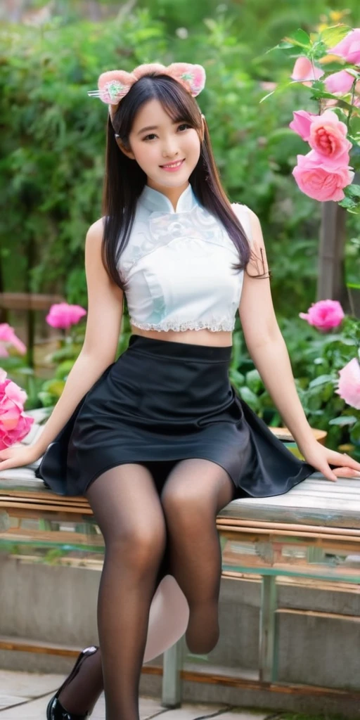 ((64k,super highest quality,Ultra-high resolution,masterpiece,Realistic,Realistic,Very detailed,)),A young, adorable, beautiful and cute 16-year-old〜20 year old girl,((Seamless Ultra-thin All-through Pantyhose,Ultra-thin seamless pantyhose, sexy, all-through, beautiful legs, tights, stockings, sheer, pantyhose, ladies)),Full body photo,Full body angle,Esbian all over,Baby Face,single eyelid,Long legs,Thin legs,Thin thighs,Beautiful hands and feet,chest,Cute smile,Adorable smile,nice smile,Rose garden in the background,Long Straight Hair,Iris,Black Hair,A cute and beautiful Japanese girl who still retains her youthful charm,With a young body,Slim waist,((Modern Chinese traditional dress for women, super short cheongsam,Super sexy Chinese dress,Super mini Chinese dress,Super Chinese Dress Sexy ta Dress)),((She lifts her Chinese dress skirt to show her panties.)),With a young face,Animal ears on head,((Sitting on a chair and showing her panties))