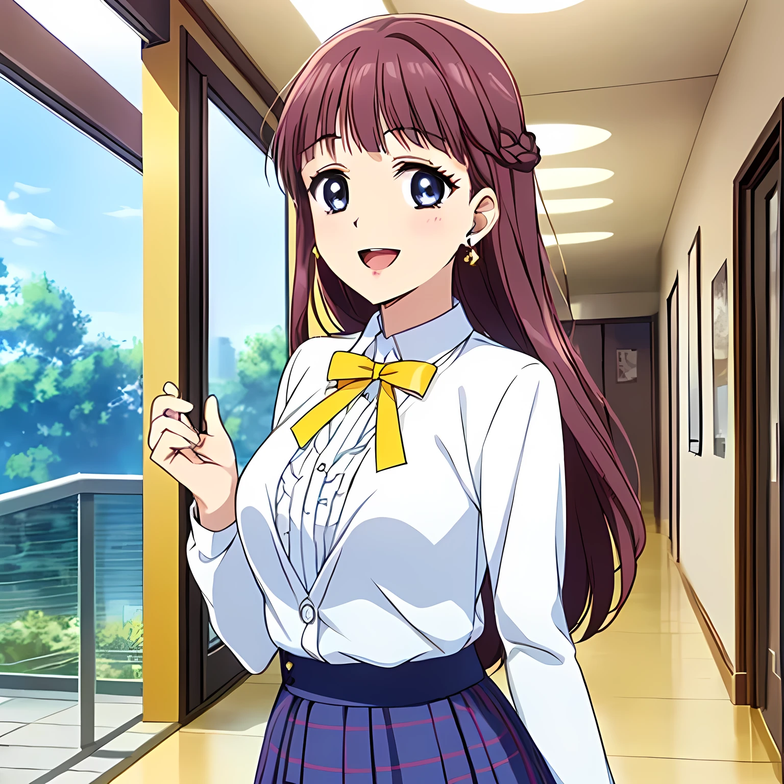 highest quality, (masterpiece:1.2), Very detailed, ((((Game CG)))), ((((A portrait by Renoir of a very noble and elegant 20-year-old princess wearing her , seen from behind.)))), ((The girl everyone loves)), (((((Very beautiful, flaxen, wavy, long hair))))), ((((A rough textured dark navy blue blazer)))), ((((A long pleated skirt in a neat dark navy blue check pattern)))), ((((She is smiling with her beautiful, shining eyes narrowed.)))), ((Very long eyelashes)), A big white ribbon on the chest, ((A refined and elegant look like a noble princess)), (((Beautiful and great smile))), ((Very good posture)), ((Give the viewer a heavenly feeling of happiness)), (((Blur the background))), ((Very noble and elegant face)), ((Slender and shapely breasts)), (((laughing at me with pity!))), In the background is the hallway of the Palace of Versailles, Heart-shaped gold hair ornament and earrings, ((The elegant, slightly open mouth and glossy lips of an anime heroine)), A strong wind is blowing
