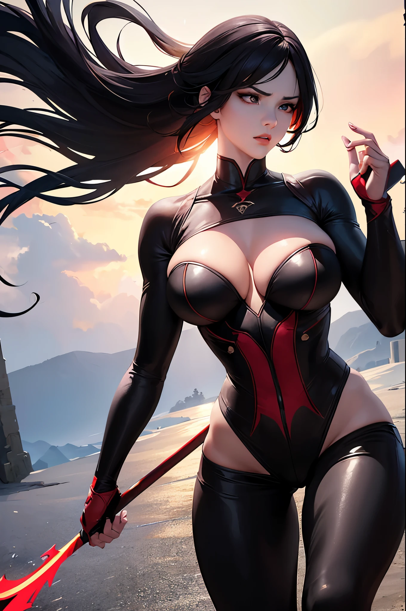 8K,Black-haired female demon slayer,Super Beauty(Like the real thing),Sexy Demon Slayer Costume,Toned, muscular body,Holds a long and large spear,Perfect Anatomy,charm,Volume measurement,Body balance,Digital single-lens reflex camera, Soft lighting, Detailed Background, Written boundary depth, Volumetric lighting, Sharp focus, Absurd, Realistic proportions, Excellent anatomy, (Realistic, 超Realistic:1.4), 16K HDR, dawn,A High Resolution,super Realistic 肌,Super beautiful expression,Fantasy art,Character Art,Wind effects:1.9、Cloud Effect:1.2、Full Rendering、Professional quality high resolution、Perfect contrast、Perfect lighting、Perfect composition、Perfect Skin、Perfect Fingers、Perfect breasts、Perfect Hair、Perfect Face、Realistic facial features,super highest quality,Slim figure,Perfect body line,Perfect hand shape,Anatomical body balance,Highly detailed face,Highly detailed eyes,Beautiful Lips,Excellent light particles,Cinema Lighting,Makeup,Ultra-high resolution,Ultra-Realistic Skin,Muscle Body,Hard and strong abs,Combat trousers,Black and red battle outfit,Angry expression,Combat Ready,Overflowing with power,