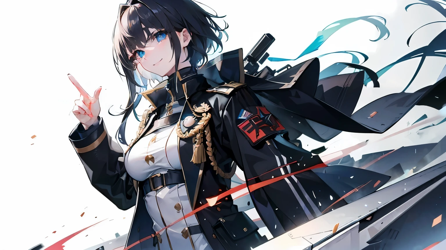Highres, high quality, Epic atmosphere, stunning 4k artwork featuring a female, long hair ,clothes, female, legwear, modern clothes, military clothes, white background, short hair, smile, (beautiful eyes:1.2), (clear hands:1.1), detail eyes