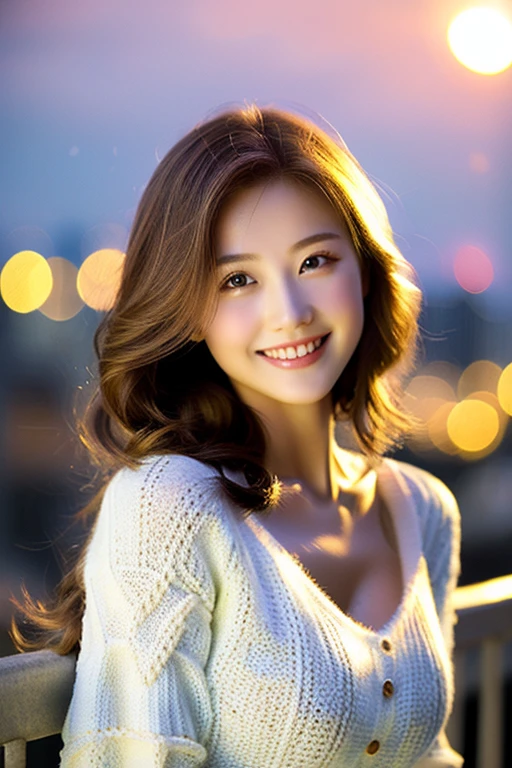 ((masterpiece: 1.4, highest quality))+,((highest quality)), ((masterpiece)), (detailed), whole body、wallpaper、Russian Beauty、20-year-old、reality、Attention to detail、Perfectly balanced body、Tight waist、Smiling Kindly、Light brown hair、Fine white skin、(masterpiece:1.3), Best image quality: 1.4, (Rough hairstyles:1.2)、Cleavage:1.4、Loose, lightweight knitwear、Shoulder、Beautiful rooftop night view