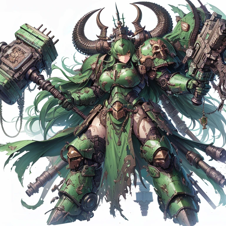 masterpiece、best quality、Super Fine、、Mud green power armor、Warhammer 40k、A huge bronze bell rises、8k high resolution、Trending on Artstation、White background、whole body、