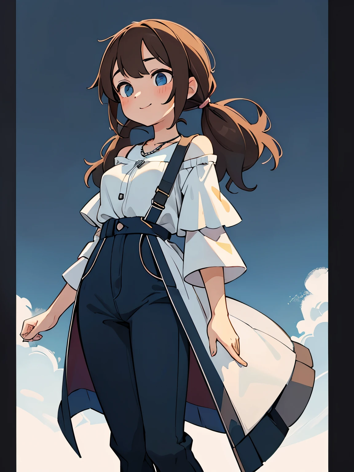 (masterpiece、最high quality、最high quality、Official Art、Beautiful and beautiful:1.2)、(One girl:1.3)Hatsune Miku、Twin tails,Big Breasts,white色の背景、Sky Background、(high quality, Breathtakingly beautiful),(Expressive eyes, Perfect Face) Full Body Shot, 1 girl, woman, alone, Strange Eyes, Heterochromia - left eye is brown、The right eye is light blue.Please open your mouth wide、era: Late 20s, Brown Hair, , shoulder-length medium hair, white , Soft wavy hair, A kind smile, Hair loss, Side bangs, View Viewer, Portraits, Happy expression, Modern clothing, V-neck short-sleeve blue shirt, Flowing blouse, Off-the-shoulder coat, Black jeans, Small Necklace, that'elegant, middle aged, Height 5"6, Haruhi Suzumiya-like hairstyle