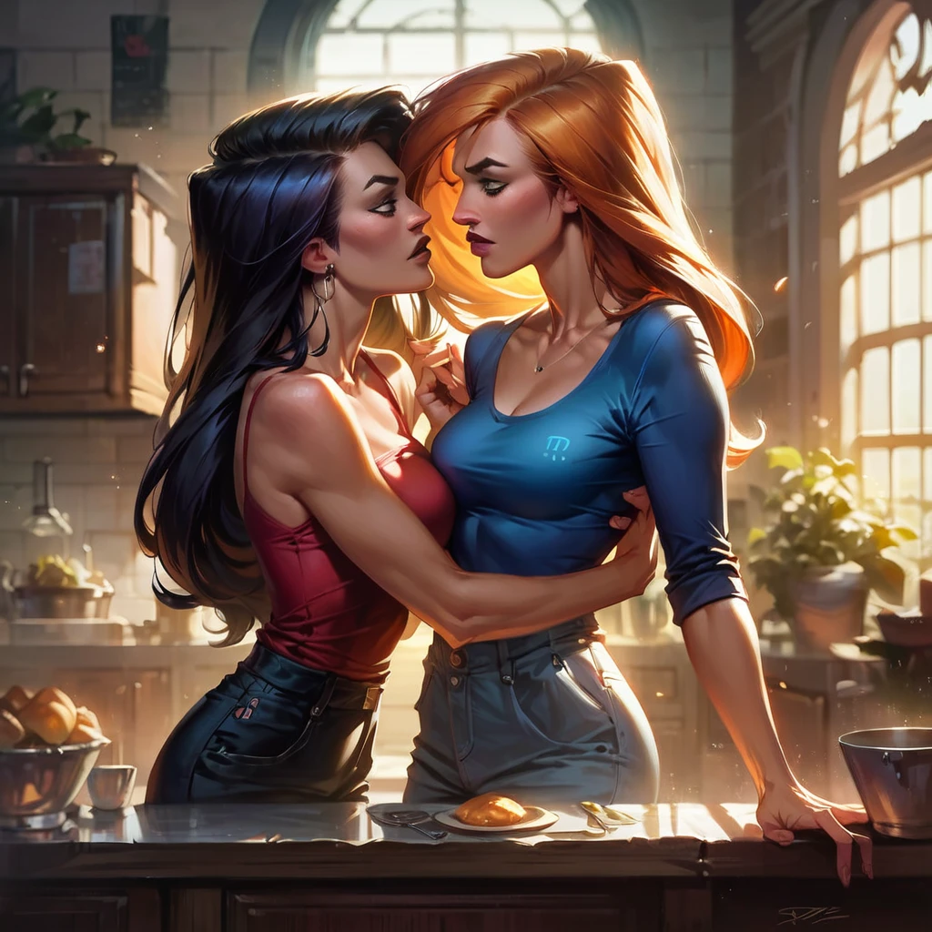 score_9, score_8_up, score_7_up, score_6_up, score_5_up, (high quality, detailed, beautiful), detailed soft lighting, rating_safe, 2girls, Kim Possible, Vanessa Doofenshmirtz, imminent kiss, lovers, open eyes, in the kitchen.