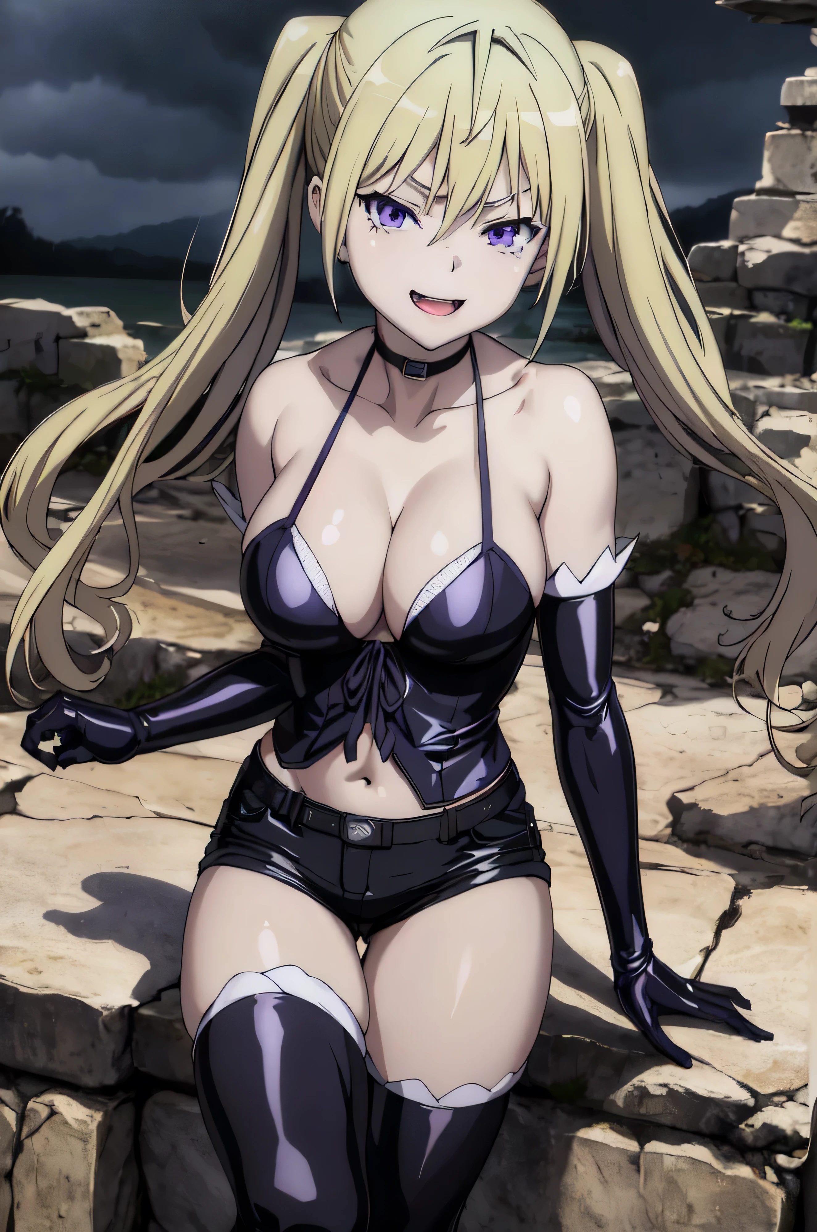 (masterpiece, best quality), 1girl, lieselotte sherlock,high quality, extremely detailed, ,(dark and stormy skies, lightning)(masterpiece:1.0),(Highest_quality:1.0), 超High resolution,4k,Super detailed, photo shoot, 8K, HDR, High resolution, disorganized:1.2, twintail,,looking at viewer,latex,elbow gloves,,, ,official art,short pants,(beautiful_face:1.5),(narrow_waist),,Highly detailed CG Unity 8K wallpaper, perfect lighting,laugh at,evil smile,evil smirk,looking at viewer,latex thighghigh socks,open mouth,black and purple light background,