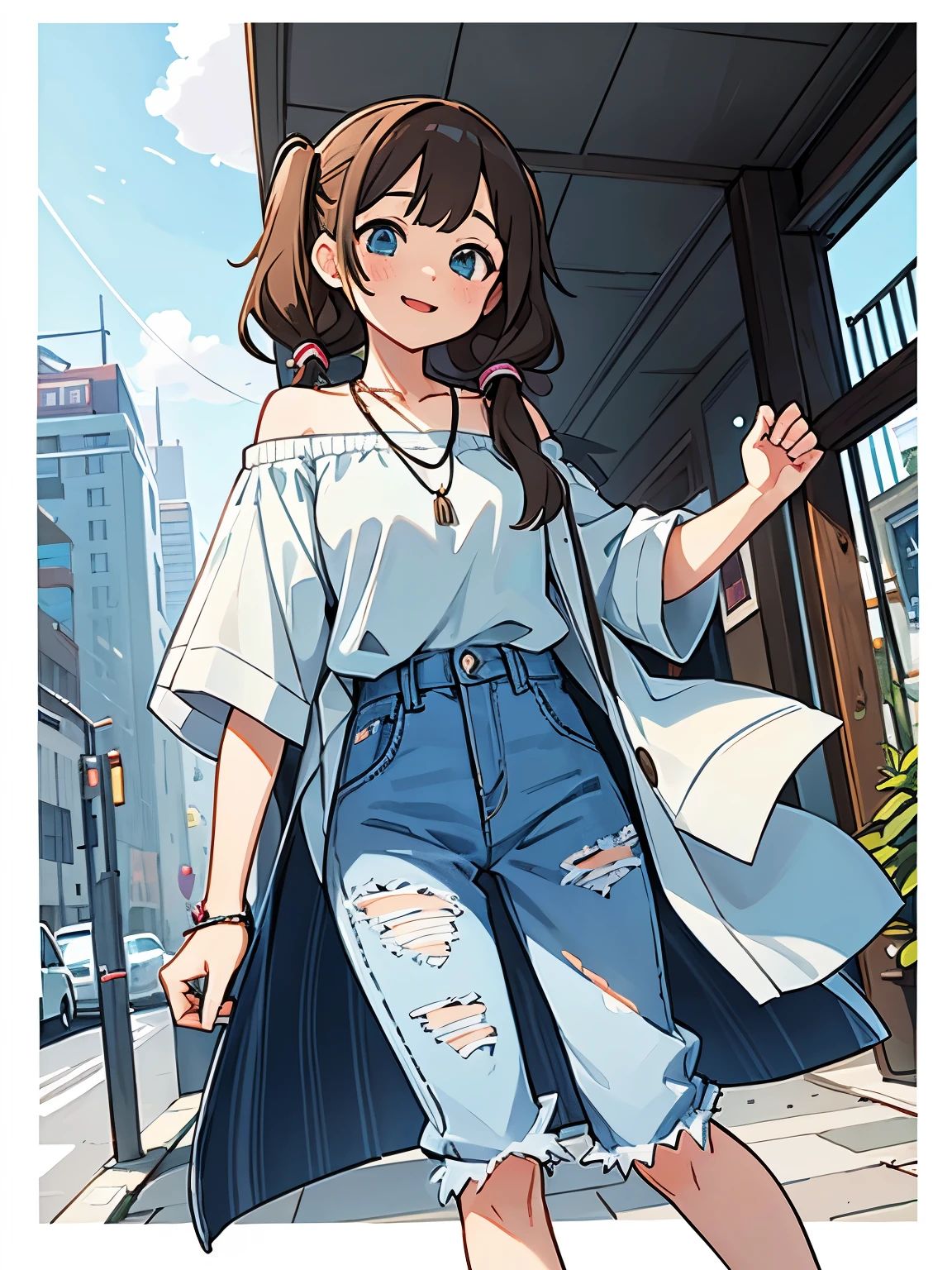 (masterpiece、最high quality、最high quality、Official Art、Beautiful and beautiful:1.2)、(One girl:1.3)Hatsune Miku、Twin tails,Big Breasts,white色の背景、Sky Background、(high quality, Breathtakingly beautiful),(Expressive eyes, Perfect Face) Full Body Shot, 1 girl, woman, alone, Strange Eyes, Heterochromia - left eye is brown、The right eye is light blue.Please open your mouth wide、era: Late 20s, Brown Hair, , shoulder-length medium hair, white , Soft wavy hair, A kind smile, Hair loss, Side bangs, View Viewer, Portraits, Happy expression, Modern clothing, V-neck short-sleeve blue shirt, Flowing blouse, Off-the-shoulder coat, Black jeans, Small Necklace, that&#39;elegant, middle aged, Height 5"6, Haruhi Suzumiya-like hairstyle