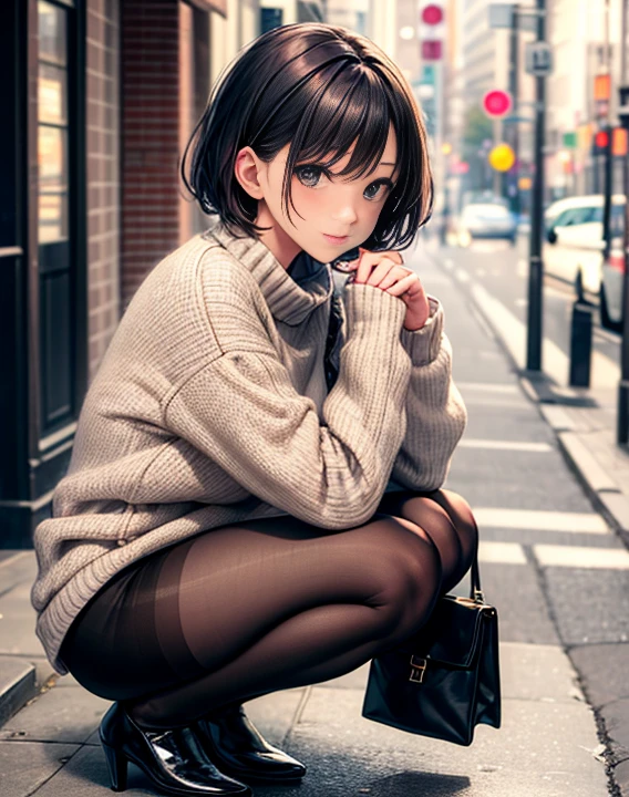 Photos taken by a professional photographer，Close-up of a woman squatting on the sidewalk with her legs crossed, Kiko Mizuhara, Wear a sweater, Shirahime cuts her brown hair, Wear a sweater, Young and pretty girl, Japanese Model, 白いWear a sweater, Chiho, ランダムカラーのカジュアルなWear a sweater,Cute eyed waves for short hair, a Cute young woman, Cute young woman, Black Pantyhose，black tights，Black high heels，