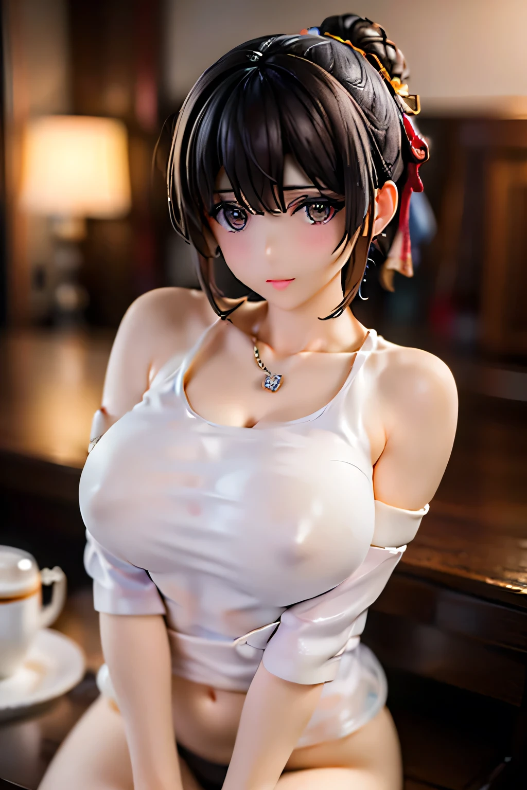 Tabletop, highest quality, Photorealistic, In detail, High resolution, 8k wallpaper, Perfect dynamic composition, Sharp focus, Surreal, Beautiful fine details, Pixie Cut Hair, Big ample breasts, Random sexy poses, Put your chest together, (Beige tight O-neck knit tank top, Black lace high cut panties), (Thighs), (Breast bulge:1.2), (grin), Open your mouth, Resort scenery, 45 years old, (drooping eyes:1.4), Adult Beauty, Japanese, simple chain necklace