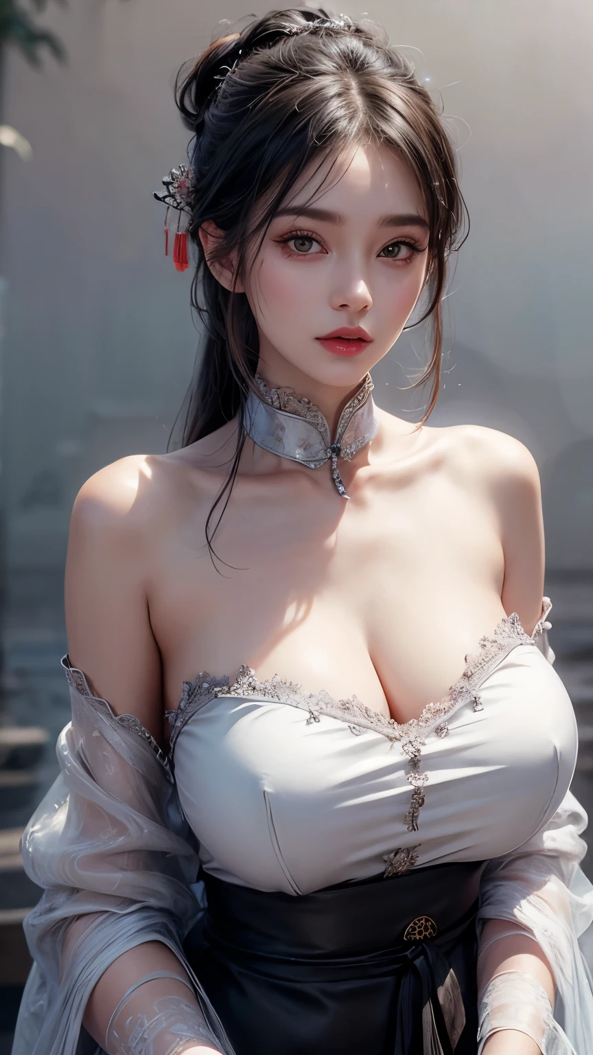 best quality, masterpiece, ultra high res, (photorealistic:1.4), 1girl, off-shoulder shirt, ((traditional chinese dress:1)), black choker, (faded ash gray hair:1), (huge breasts:1.2), looking at viewer, close up, from below:1.3, 