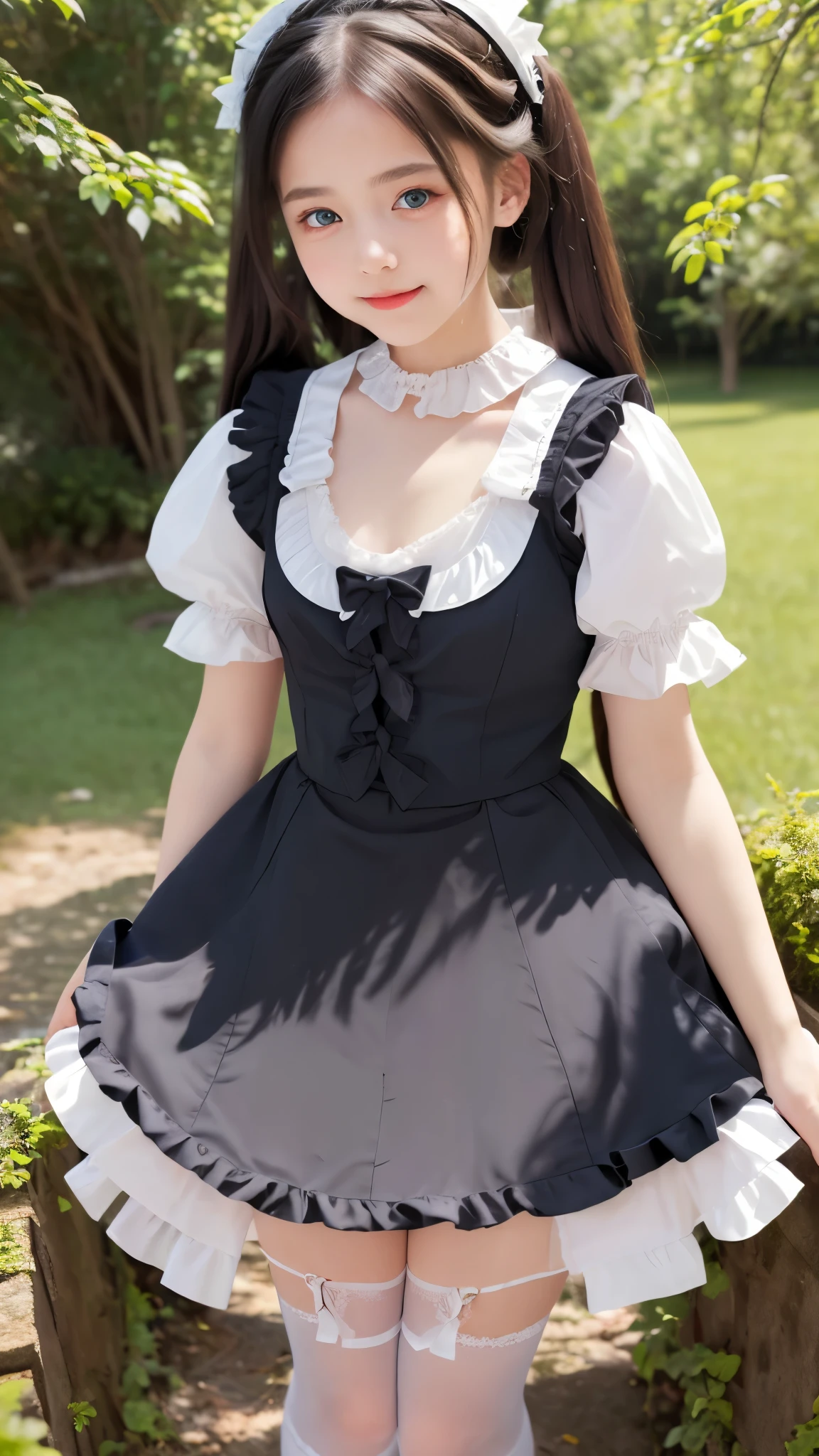 ((Real Photo Quality))、((masterpiece)), ((highest quality、Ultra high definition)), (Very detailed),8K、Photo quality、(((Amazingly cute girl))), , (Beautiful emerald blue eyes), (smile),Glossy lips、In the open-air bath overlooking the sea, Beautifully arranged black hair in twin tails、Lace fabric ribbon、whole body、((Super high-end white see-through summer gothic lolita maid costA super mini skirt with lots of frills))、Professional Lighting、(White lace knee-highore detailed and beautiful)、(More details and cutenesore realistic)、