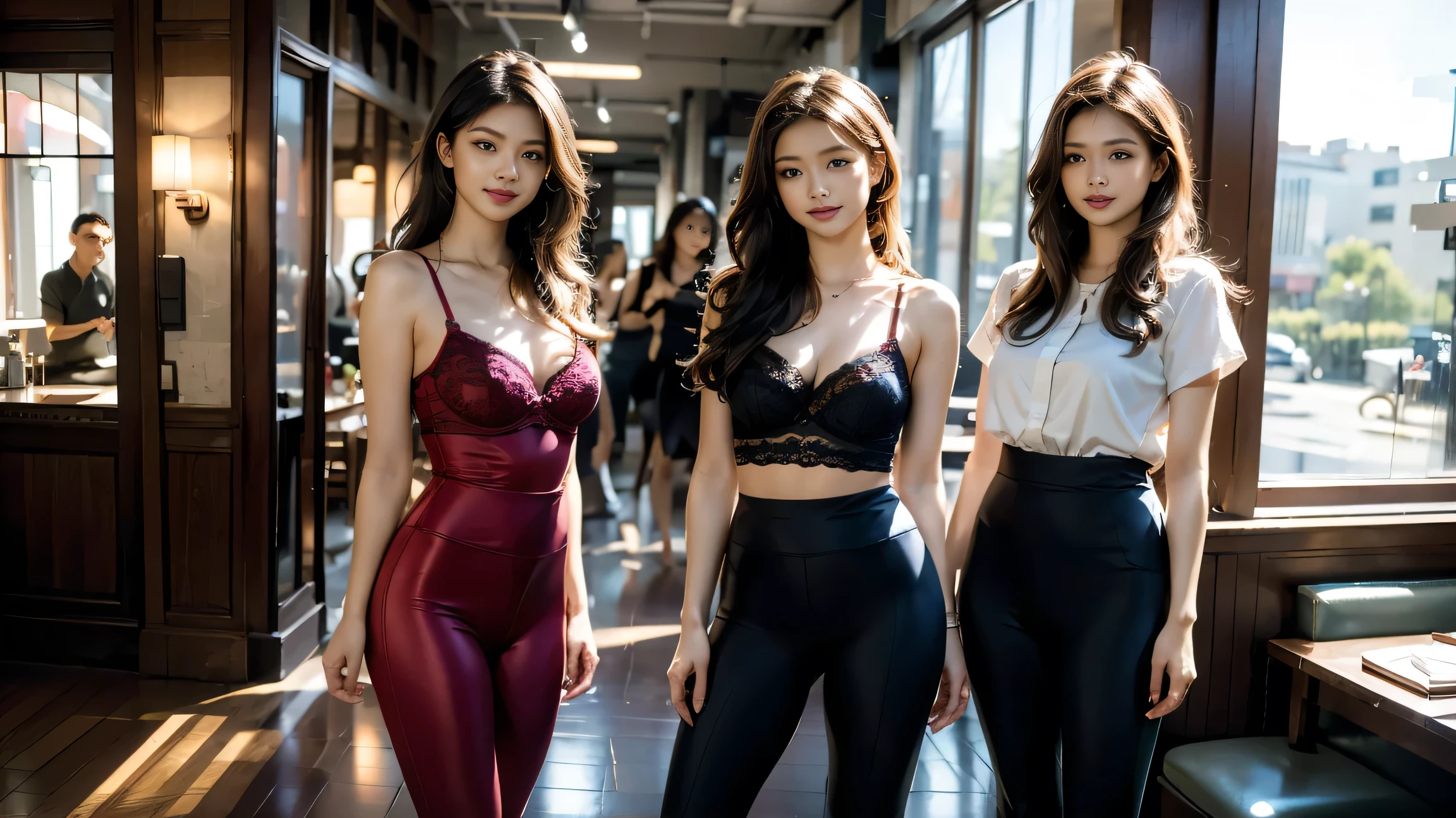 (best quality, masterpiece, Reality, Very detailed, Ultra-high resolution, born:1.3), (Three girls:1.3), beautiful, Japanese,short hair , youth, 22 years old, office workers, (Tight yoga pants), | Claret| navy| pink| Beige | Purple| sky blue} clothing), (Smile), (Bangs), High waist, necklace, (office, indoor, Glass House), (Long legs, High heel, whole body:1.2), (Large Breasts:1.3), (crowd)、Sexy Lingerie:1.5