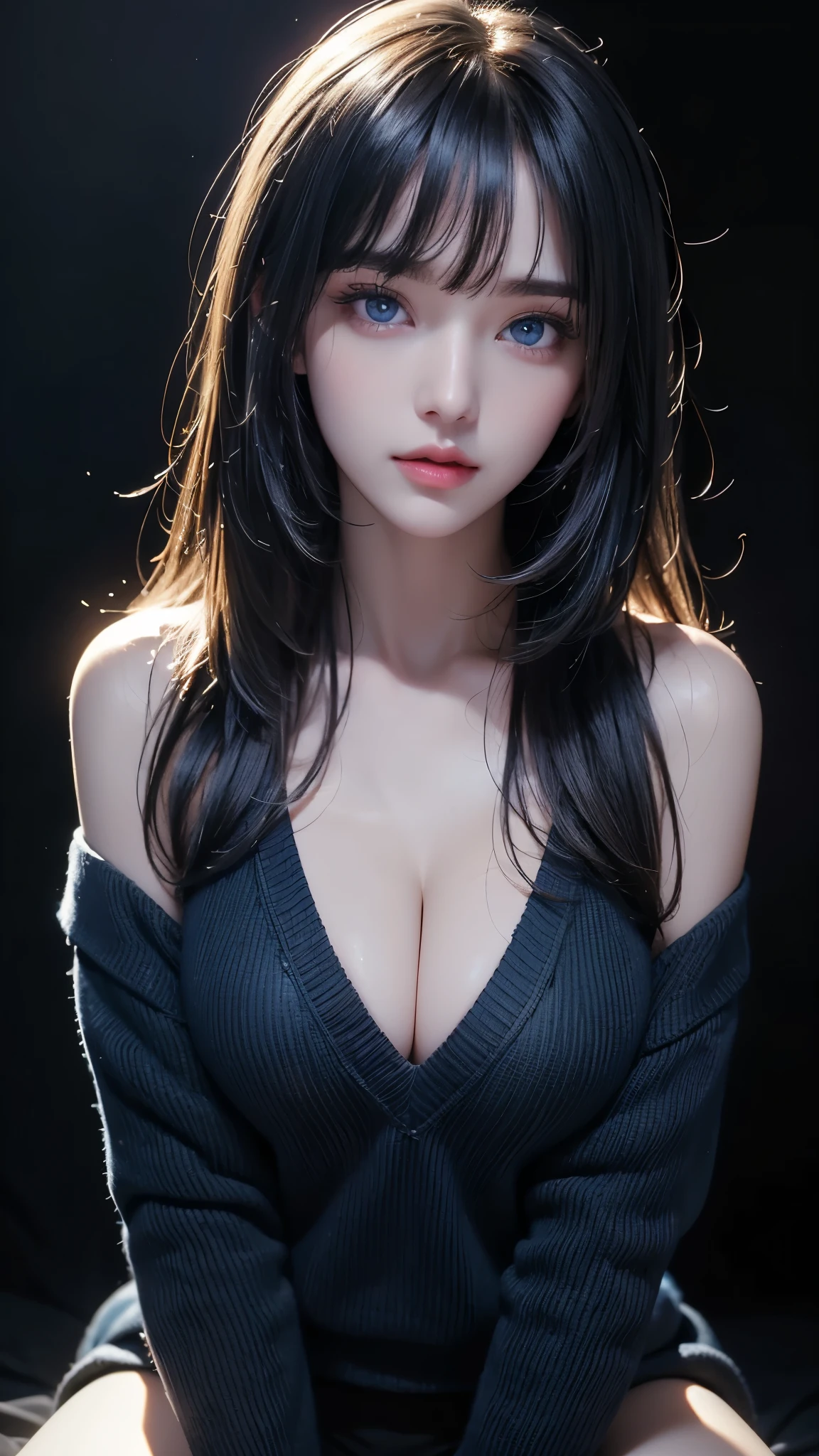 masterpiece, highest quality, Super detailed, Facing the camera, 複雑に詳細なSuper detailed, Realistic, Sharp features, Very detailed, Sharp focus, Perfect Face, Perfect Face, Perfect symmetrical perfect eyes, Perfect Plump Lips, Flexible female form, Cinematic, Film Light, Super detailed, hyper Realistic, masterpiece, Atmospheric, High resolution, Vibrant, Dynamic Studio Lighting, ((Dark Background)), The expression when receiving pleasure, Straight bangs, blue eyes,Black sweater, Cowboy Shot,The cleavage is visible