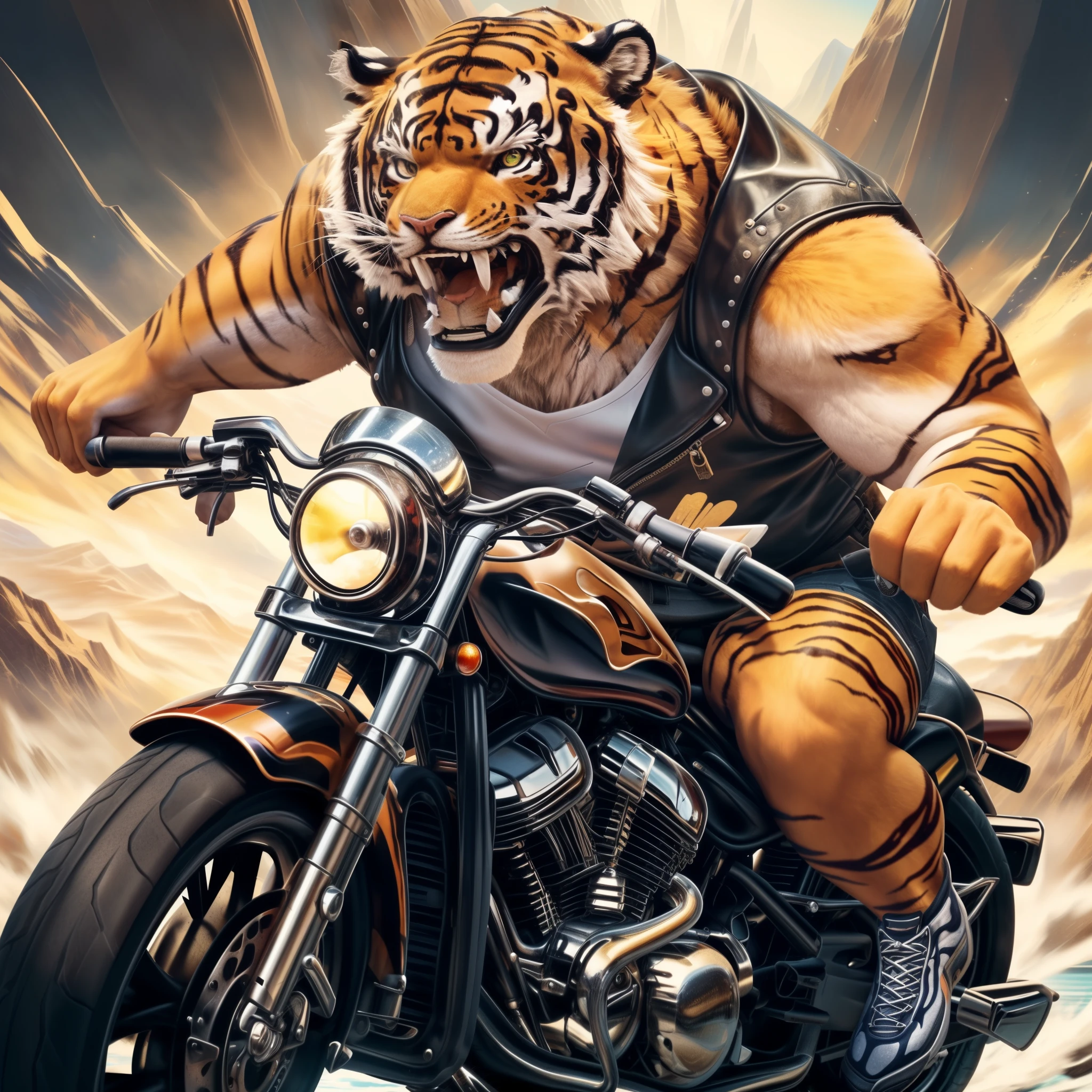 realistic anthropomorphic tiger, tiger riding motorcycle, wearing biker shoes, beast on bike, fierce expression, muscular tiger, powerful tiger, tiger with motorcycle, tiger biker, tiger beast, motorcycle concept art, epic digital art illustration, ((tiger:1.4)), ((biker:1.2)), highly detailed, 8k, high resolution, hyper realistic, photorealistic, cinematic lighting, dynamic pose, dramatic angle, bold colors, vibrant colors, masterpiece, mountain and lake background