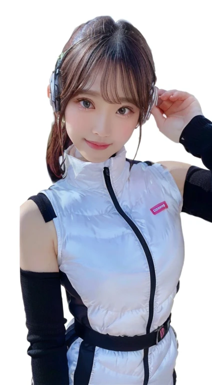 An innocent 20-year-old girl、((White tank top, Dramatic Pose)),smile,break (Spacecraft control room background):2,、break RAW Photos, (8k、highest quality、masterpiece:1.2)、(Intricate details:1.4)、(Realistic:1.4)、Octane Rendering、Complex 3D rendering with ultra-detail, Studio Soft Light, Rim Light, Crisp details, Super detailed, Realistic skin texture, detailed aspects, Beautiful details in the eyes, Highly detailed CG Unity 16k wallpaper, Compensate, (Detailed Background:1.2), Glowing Skin, whole body、(Astro Best):2,(Black long sleeve):5,headphone,Smart Watches,((Stand with your hands folded behind your back、Leaning forward、Top view))