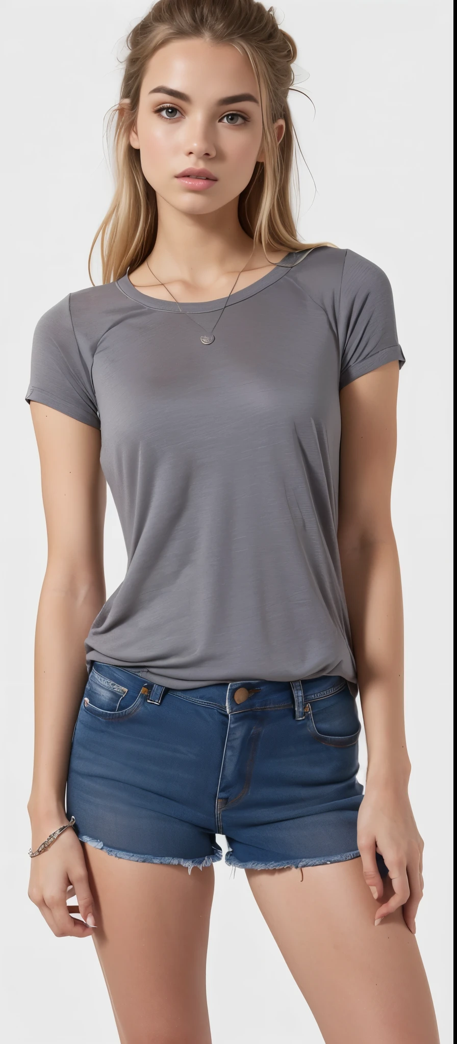 um close de uma jovem vestindo uma camisa cinza e shorts jeans, camisa cinza, solid gray, solid gray, vestindo uma camiseta muscular, cor cinza, vestindo uma camiseta, Manga curta, Roupa casual, in metallic gray, tela cinza, modern Roupa casual, camisa apertada, cinza escuro, splendid, vestindo um top fofo, metallic gray