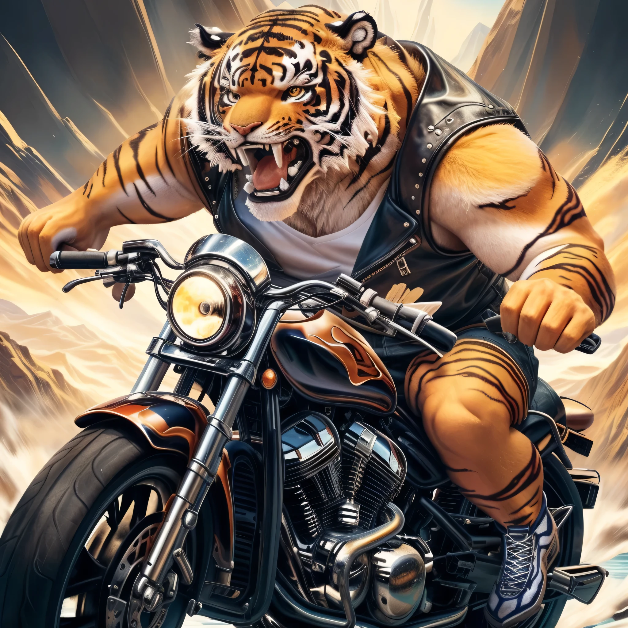 realistic anthropomorphic tiger, tiger riding motorcycle, wearing biker shoes, beast on bike, fierce expression, muscular tiger, powerful tiger, tiger with motorcycle, tiger biker, tiger beast, motorcycle concept art, epic digital art illustration, ((tiger:1.4)), ((biker:1.2)), highly detailed, 8k, high resolution, hyper realistic, photorealistic, cinematic lighting, dynamic pose, dramatic angle, bold colors, vibrant colors, masterpiece, mountain and lake background