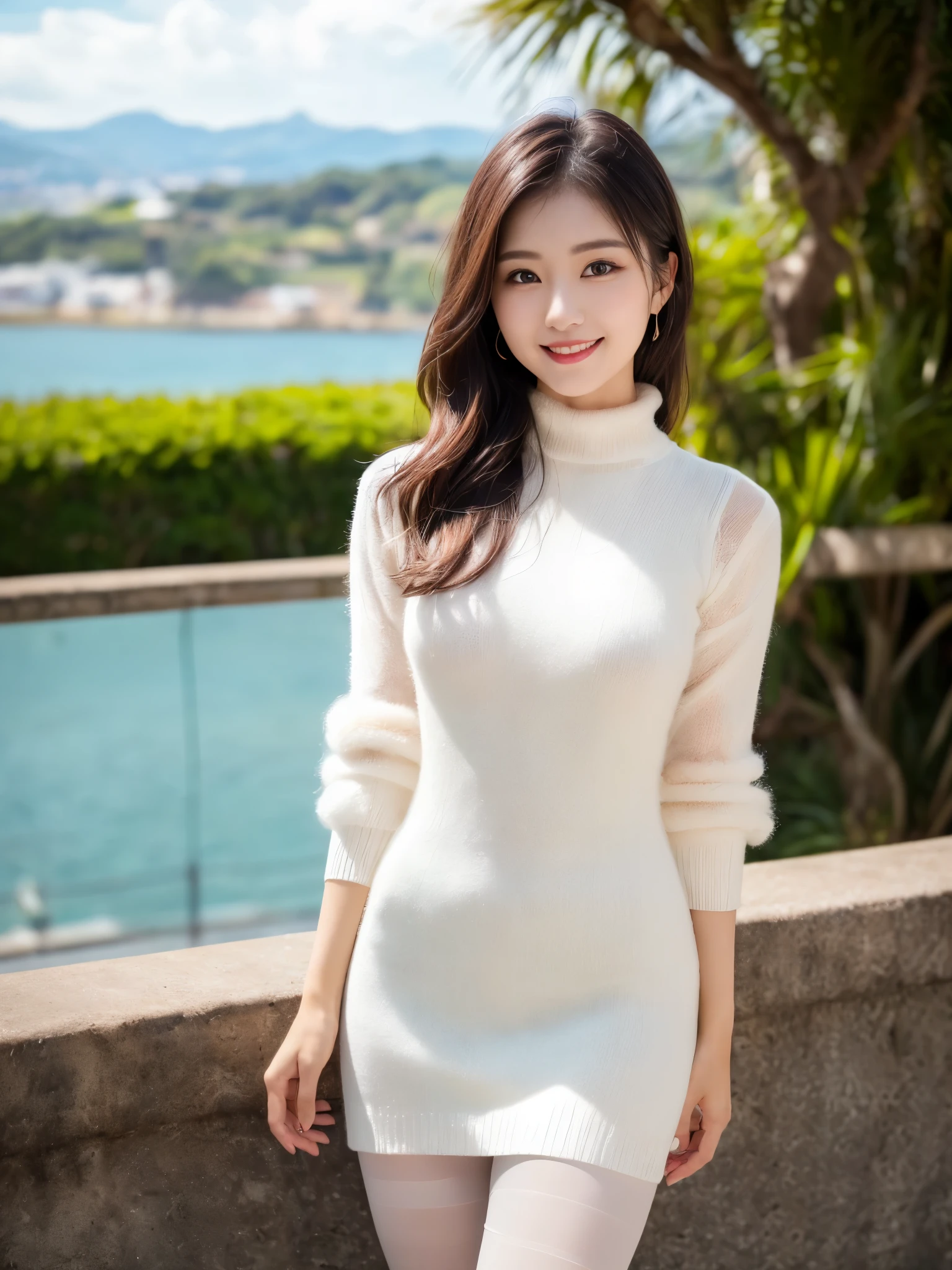 (((masterpiece))), (((highest quality: 1.4))), ((Super Detail: 1.4)) ,ulzzang-6500-v1.1, (Raw photo:1.2), (Photorealistic), (Mastepiece:1.3), (Genuine:1.4), ((Full Body Shot:1.4), cute, (cute 1girl:1.35, 20-year-old), realism, (High resolution), ((Chiaroscuro, ray tracing lighting)), ((highest qualityのリアルな質感のスキン)),((highest qualityのリアルな質感の髪)), ((The most absurd quality: perfect body)), ((Small Head:1.3)), slim and muscular body, ((Perfect balance)), ((Anatomically correct)), ((Perfect Dynamic Posture, Super K-Pop Idols)), ((Highly detailed beautiful slim round face:1.3)), Light pale complexion, ((Highly detailed, clear and sharp perfect round realistic eyes:1.2)), Detailed pupils, Best detailed lips, ((Perfect Professional Delicate Everyday Makeup)), ((Wearing a loose, fluffy white knit dress:1.3)), ((Ultra-realistic pantyhose:1.3)), Skirt and thighs、A close-up of her face, (Spring park with ocean view in the background:1.25), ((A radiant smile, Happy atmosphere)), ((Perfect subtle everyday makeup)),