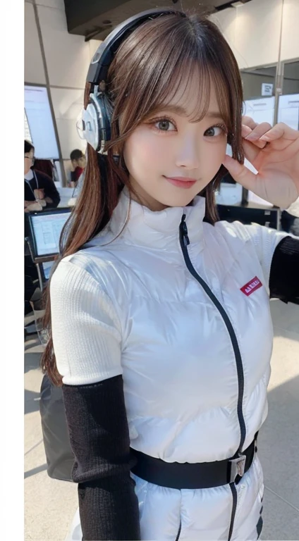 An innocent 20-year-old girl、((White tank top, Dramatic Pose)),smile,break (Spacecraft control room background):2,、break RAW Photos, (8k、highest quality、masterpiece:1.2)、(Intricate details:1.4)、(Realistic:1.4)、Octane Rendering、Complex 3D rendering with ultra-detail, Studio Soft Light, Rim Light, Crisp details, Super detailed, Realistic skin texture, detailed aspects, Beautiful details in the eyes, Highly detailed CG Unity 16k wallpaper, Compensate, (Detailed Background:1.2), Glowing Skin, whole body、(Astro Best):2,(Black long sleeve):5,headphone,Smart Watches,((Stand with your hands folded behind your back、Leaning forward、Top view))