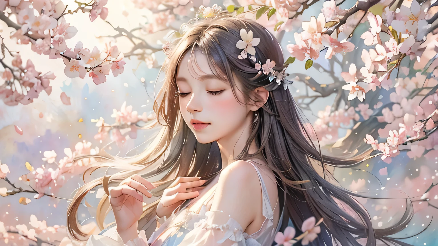 (highest quality,High resolution),watercolor,Woman with closed eyes,cherry blossoms,soft,bid,Bokeh,Mucha style,watercolor画, Abstract Painting, silver, pink,dress,flower