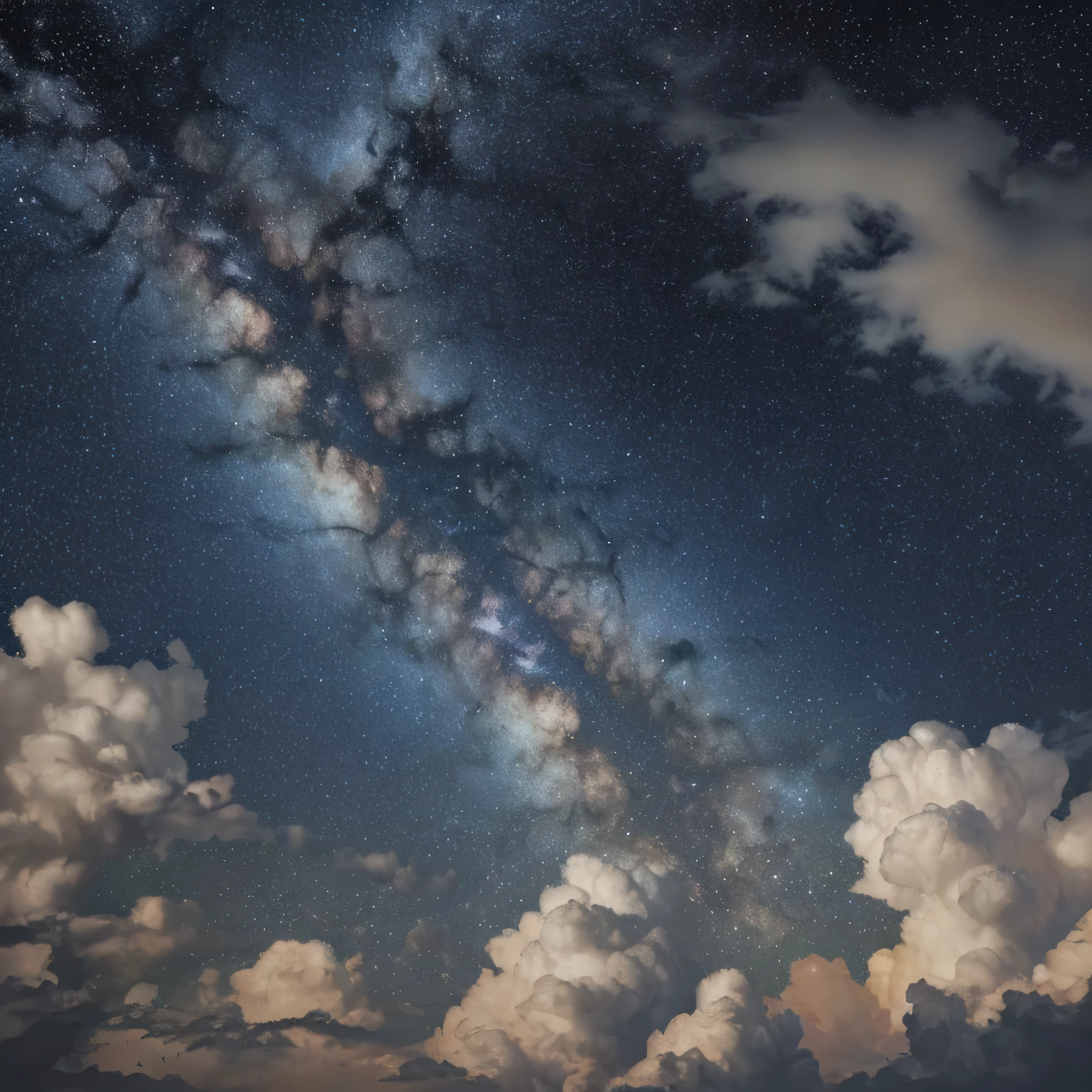 starry sky crossed by the milky way, at the bottom cumulus clouds. photographic quality. 8k realista.