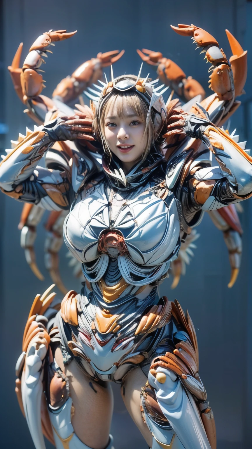 (high resolution,masterpiece,best quality,extremely detailed CG,),(japanese girl face), realistic, photo, amazing fine details, all intricate, gloss and shiny,awesome many layers, 8k wall paper, 3d, kawaii, ( solo:1.4), perfect female proportion,villainess, (fusion of crab and lady:1.4), (crab form lady:1.2), (crab lady:1.2), (fusion:1.2), (solo:1.4), (smile:1.2), muscular, abs, (crab exoskeleton bio insect suit:1.4), (crab blue exoskeleton bio insect armor:1.2), (blue crab antennae:1.3),