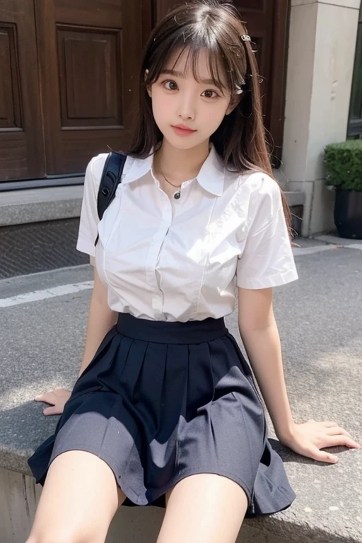 Cute middle school girl sitting, Sexy face, Big breasted, skirt, My clothes were torn