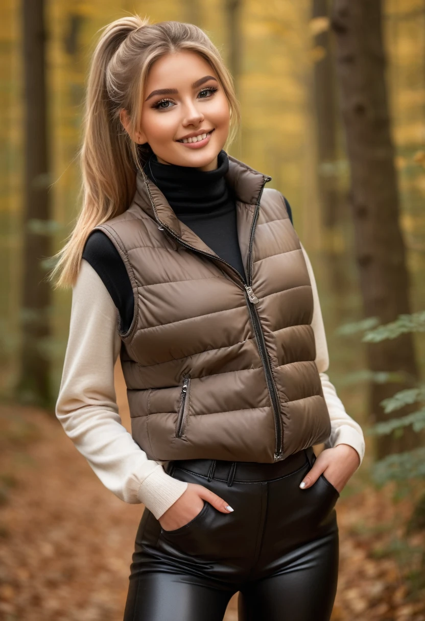 hyperrealistic beautiful busty 18-year-old women with long legs wearing turtleneck shirt with cropped puffer-vest and faux leather leggins, model shooting full body sepia photography, natural blonde long straight ponytail, dark eye makeup with eyeliner, seductive smile, small necklace, 8K, Best quality, Meisterwerk, ultra high resolution, (Realismus: 1.4), Originalfoto, (realistische Hautstruktur: 1.3), (Filmkorn: 1.3), (Selfie-Winkel), 1 girl, Beautiful round hazel eyes and facial details, Meisterwerk, Best quality, posing outdoor deep in the woods