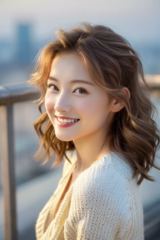 ((masterpiece: 1.4, highest quality))+,((highest quality)), ((masterpiece)), (detailed), whole body、wallpaper、Russian Beauty、30 years old、reality、Attention to detail、Perfectly balanced body、Tight waist、Smiling Kindly、Light brown hair、Fine white skin、(masterpiece:1.3), Best image quality: 1.4, (Rough hairstyles:1.2)、Cleavage:1.4、Loose, lightweight knitwear、Shoulder、Beautiful rooftop night view