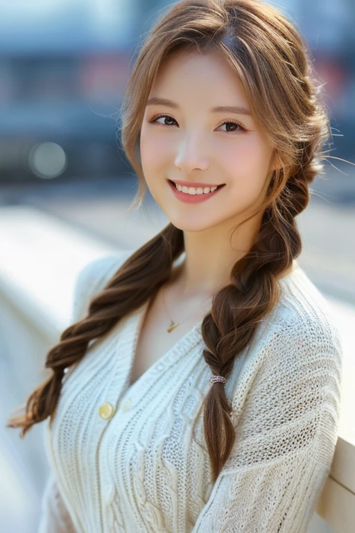 ((masterpiece: 1.4, highest quality))+,((highest quality)), ((masterpiece)), (detailed), whole body、wallpaper、Russian Beauty、30 years old、reality、Attention to detail、Perfectly balanced body、Tight waist、Smiling Kindly、Light brown hair、Fine white skin、(masterpiece:1.3), Best image quality: 1.4, (Rough hairstyles:1.2)、Cleavage:1.4、Loose, lightweight knitwear、Shoulder、Beautiful rooftop night view