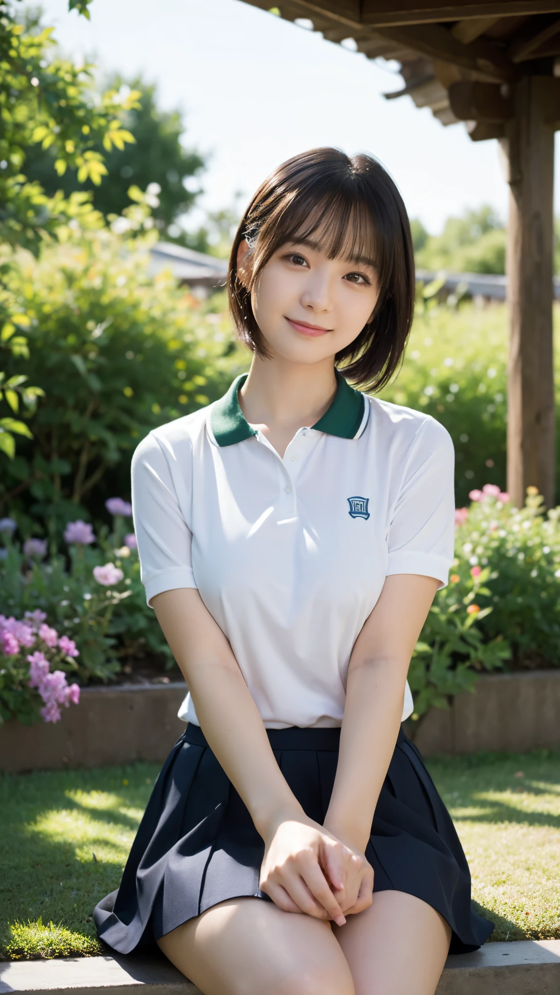 (highest quality,masterpiece:1.3,Ultra-high resolution),(Super detailed,Caustics,8k), (Photorealistic:1.4, RAW shooting),garden,grass,sit,Japanese,20-year-old,cute,(smile),Looking into the camera,Short black hair,Polo shirt,mini skirt,Bust up shot,High angle,High Position,Face Focus,Face close up,Natural light