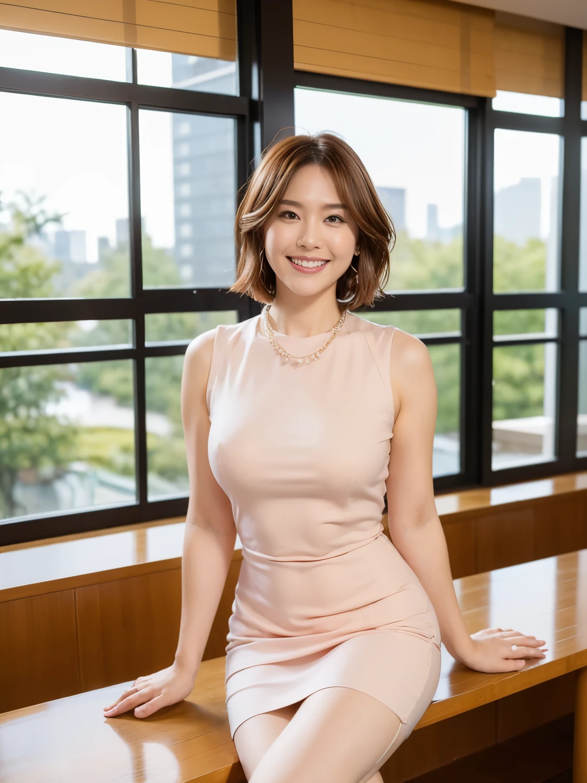 Tabletop, Beautiful woman, (30 years old、Japanese), (Library Background、mechanical、Bookshelf), ,(((Pink beige tight dress))), (((Beautiful Hair、Bob Hair, Brown Hair))), feet, (Skin Texture:1.1), highest quality, 超A high resolution, (Realistic: 1.4), RAW Photos, , Nikon D850 film stock photo, f1.6 Lenses, Rich colors, Realistic, （A kind smile：1.6）、（A large hall with bright sunlight:1.5）、Lobby of a top-end hotel in Tokyo, marble floors, high ceilings, bright lighting, large wall of windows, man-made waterfall outside the window, Japanese garden, she is sitting at a table by the window, table for four, upscale chairs, coffee cups on the table,Lobby of a top-end hotel in Tokyo, marble floor, high ceiling, bright lighting, large wall of windows, man-made waterfall outside window, Japanese garden, she is sitting at a table by the window, table for four, fancy chairs, coffee cups on the table, woman in gray knit dress, 34 years old Japanese, smiling, short black hair, bobbed hair, standard build, D-cup breasts, white teeth, knee-length skirt, black pumps, well-fleshed legs, pearl necklace,