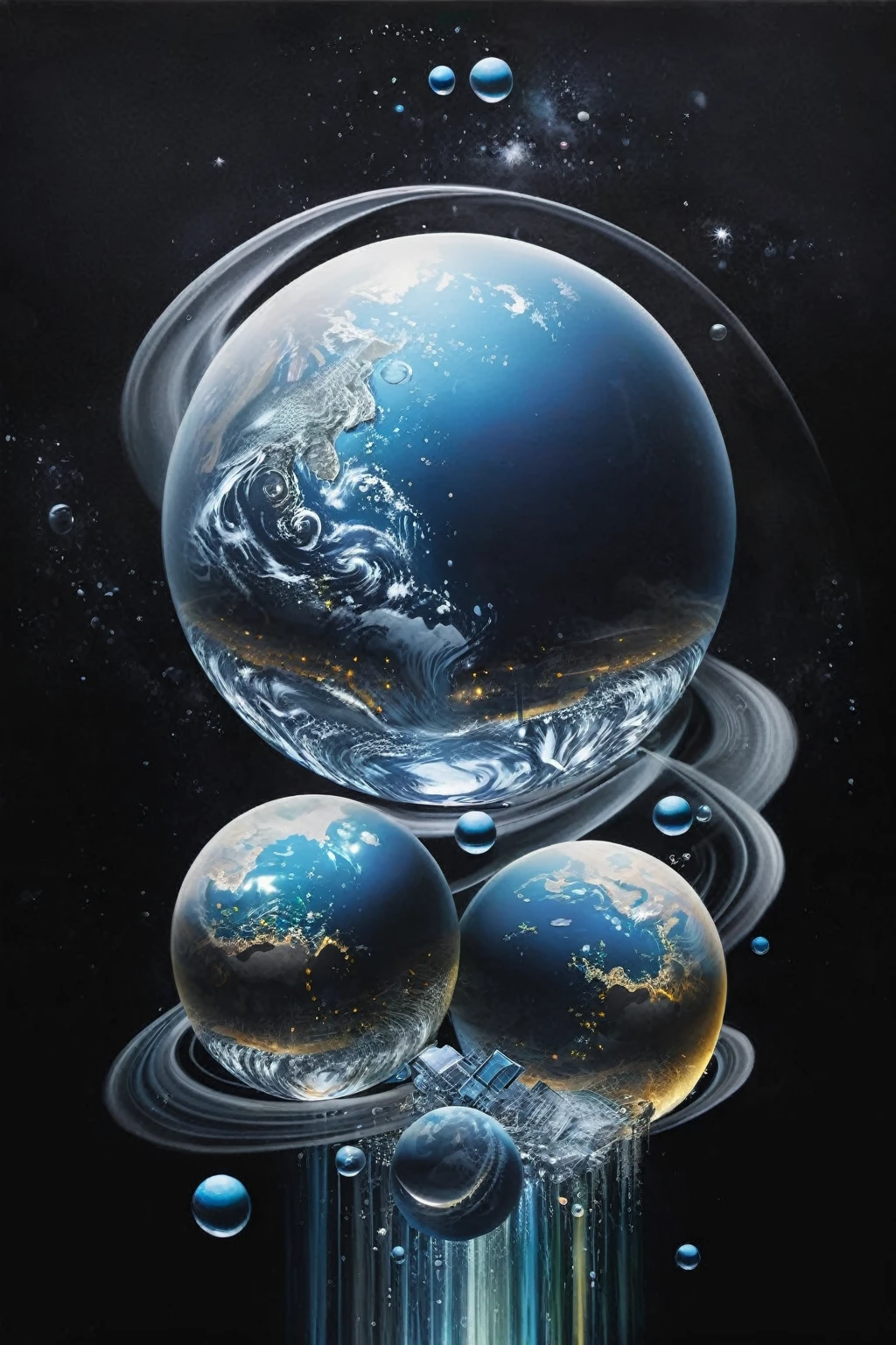un gros plan d&#39;une peinture d&#39;une planète avec beaucoup de bulles, in the Multivers, floating planets, Greg Beeple, par Eugeniusz Zak, Artwork Ivan Plusch, monde fractal, inspired par Johfra Bosschart, par Johfra Bosschart, Multivers, profondeur incroyable, by Adam Marczyński, Liquefied