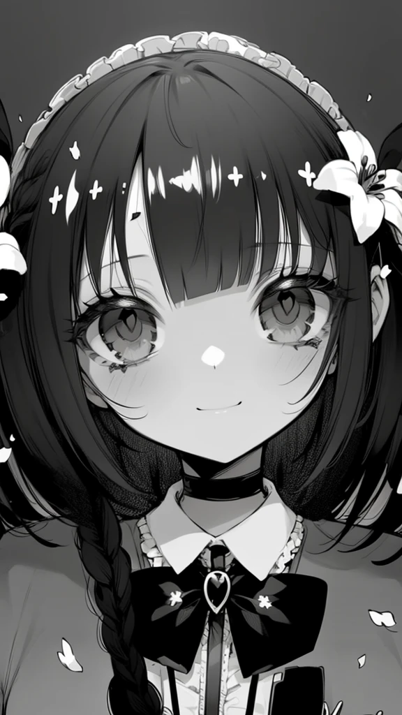solo,1female\(chibi,cute,kawaii,age of 18,hair color white,braid hair,messy hair,eye color gray,big eyes,white skin,(monochrome:1.2),narrow eyes,smiling vely kindly at viewer,portrait\),background\((many beautiful flowers and petal:1.4)\),double exposure, BREAK ,quality\(8k,wallpaper of extremely detailed CG unit, ​masterpiece,high resolution,top-quality,top-quality real texture skin,hyper realisitic,increase the resolution,RAW photos,best qualtiy,highly detailed,the wallpaper\),high contrast,(grayscale:1.8)