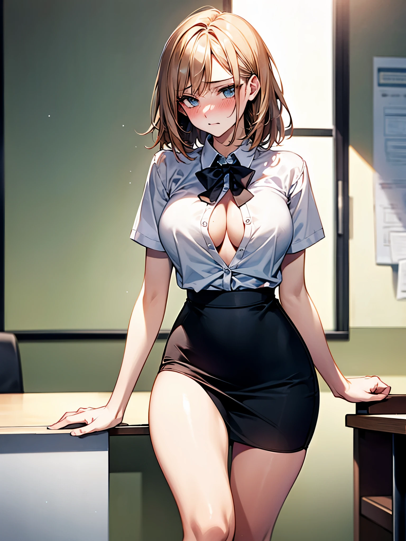 (office lady, bow, Short sleeve, White shirt, Pencil Skirt, Best:1.2), beauty、20-year-old、masterpiece、highest quality、(8k, High resolution:1.1), Detailed beautiful face、Beautiful Eyes、(embarrassed:1.4), blush, (Front opening of the shirt, Showing off your bra), (Embrace your chest), (pussy juice:1.1), (Inner thighs:1.5), (side glance:1.5), Long, slender legs