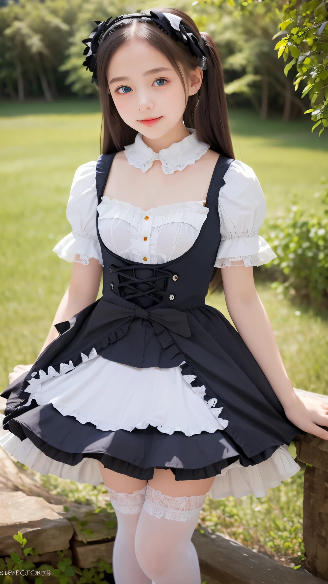 ((Real Photo Quality))、((masterpiece)), ((highest quality、Ultra high definition)), (Very detailed),8K、Photo quality、(((Amazingly cute girl))), 16-year-old girl, (Beautiful emerald blue eyes), (smile),Glossy lips、In the open-air bath overlooking the sea, Beautifully arranged black hair in twin tails、Lace fabric ribbon、whole body、((Super high-end white see-through summer gothic lolita maid costume、A super mini skirt with lots of frills))、Professional Lighting、(White lace knee-highore detailed and beautiful)、(More details and cutenesore realistic)、