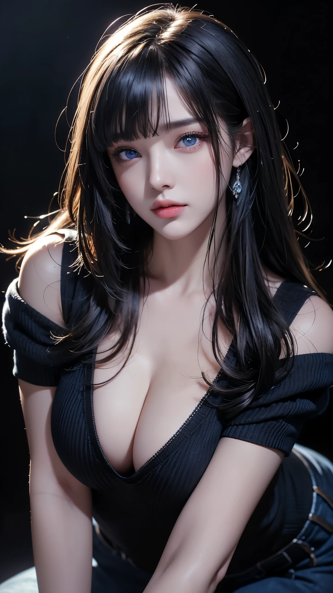 masterpiece, highest quality, Super detailed, Facing the camera, 複雑に詳細なSuper detailed, Realistic, Sharp features, Very detailed, Sharp focus, Perfect Face, Perfect Face, Perfect symmetrical perfect eyes, Perfect Plump Lips, Flexible female form, Cinematic, Film Light, Super detailed, hyper Realistic, masterpiece, Atmospheric, High resolution, Vibrant, Dynamic Studio Lighting, ((Dark Background)), The expression when receiving pleasure, Straight bangs, blue eyes,Black sweater, Cowboy Shot,The cleavage is visible