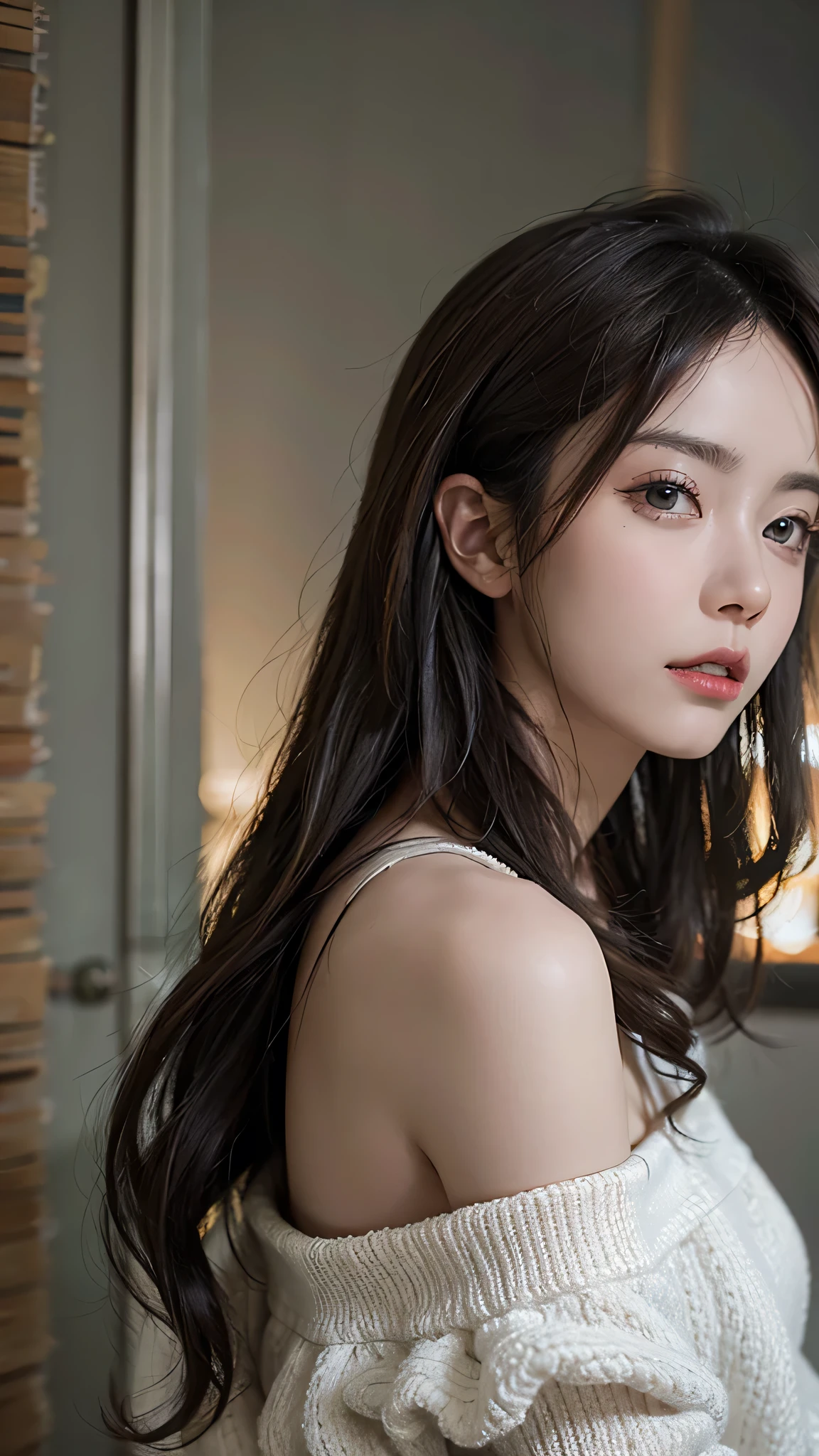 highest quality, masterpiece, Ultra-high resolution, (Realistic:1.4), RAW Photos, One girl, Off the shoulder, In the Dark, Deep Shadow, Modest, Cold Light, Detailed skin