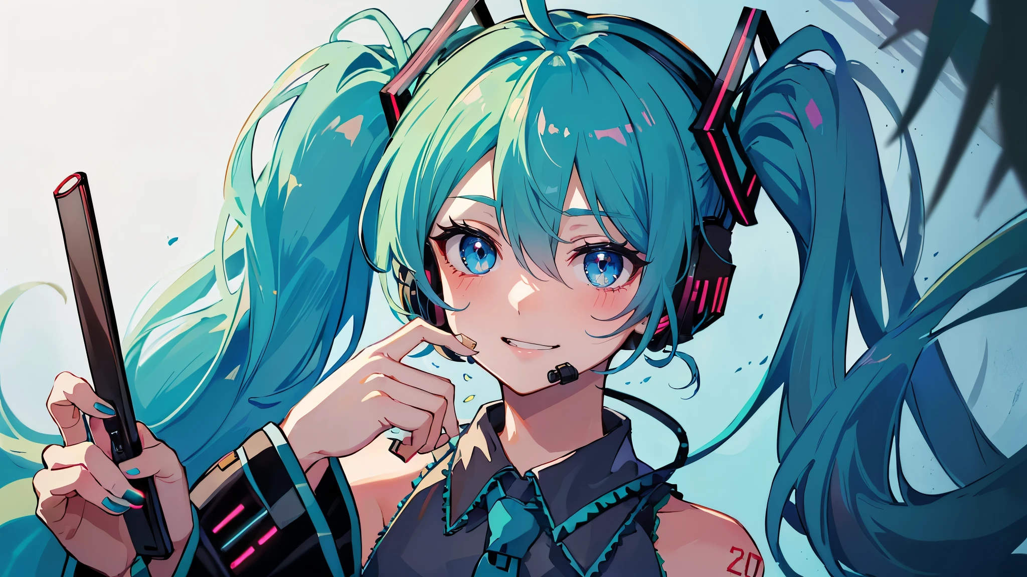 (masterpiece, best quality, very detailed, best shadow), 1girl, solo, (miku hatsune, ahoge, aqua eyes, aqua hair, crossed bangs, hair between eyes, hair ornament, headphones, long hair, twintails : 1.6), cellphonepose, holding a phone, holding a cellphone
