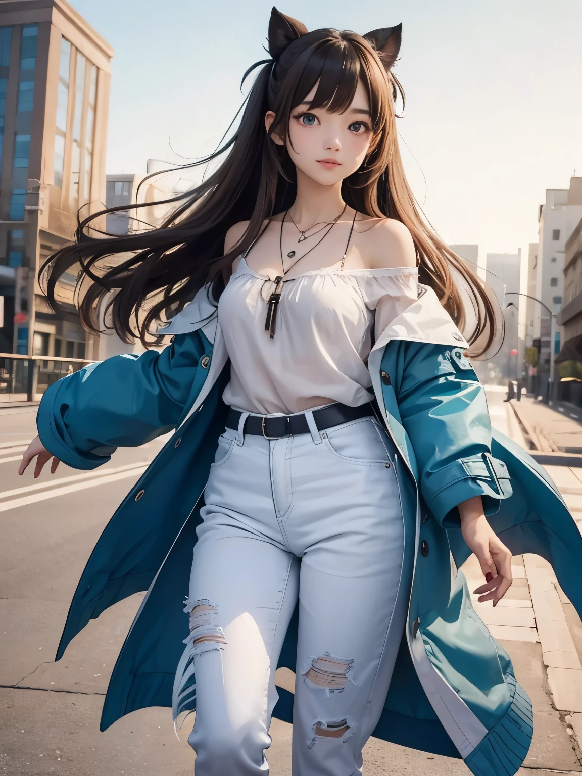(masterpiece、最high quality、最high quality、Official Art、Beautiful and beautiful:1.2)、(One girl:1.3)Hatsune Miku、Twin tails,Big Breasts,white色の背景、Sky Background、(high quality, Breathtakingly beautiful),(Expressive eyes, Perfect Face) Full Body Shot, 1 girl, woman, alone, Strange Eyes, Heterochromia - left eye is brown、The right eye is light blue.Please open your mouth wide、era: Late 20s, Brown Hair, , shoulder-length medium hair, white , Soft wavy hair, A kind smile, Hair loss, Side bangs, View Viewer, Portraits, Happy expression, Modern clothing, V-neck short-sleeve blue shirt, Flowing blouse, Off-the-shoulder coat, Black jeans, Small Necklace, that&#39;elegant, middle aged, Height 5"6, Haruhi Suzumiya-like hairstyle