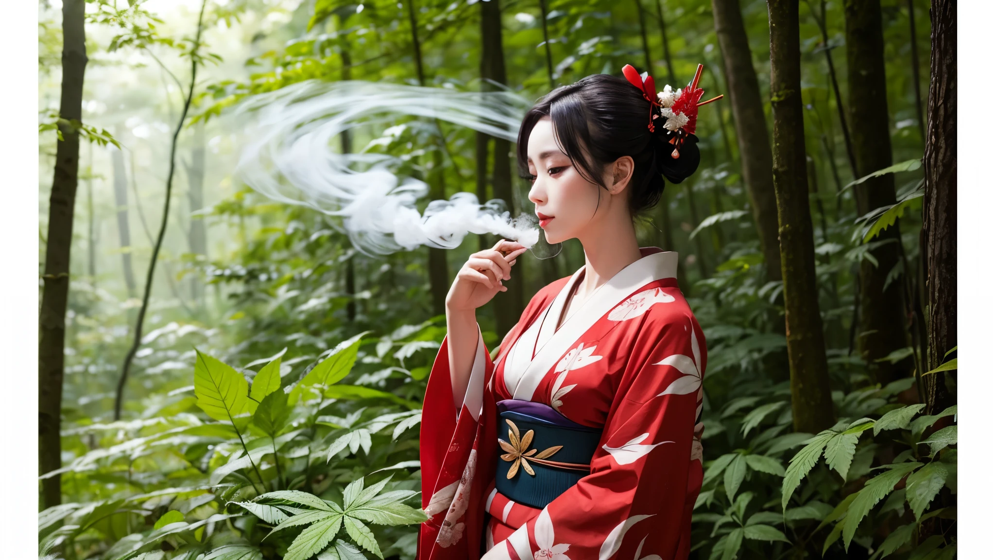Geisha inhaling smoke, in the forest, a lot of hemp leaves, a beautiful woman, a red kimono