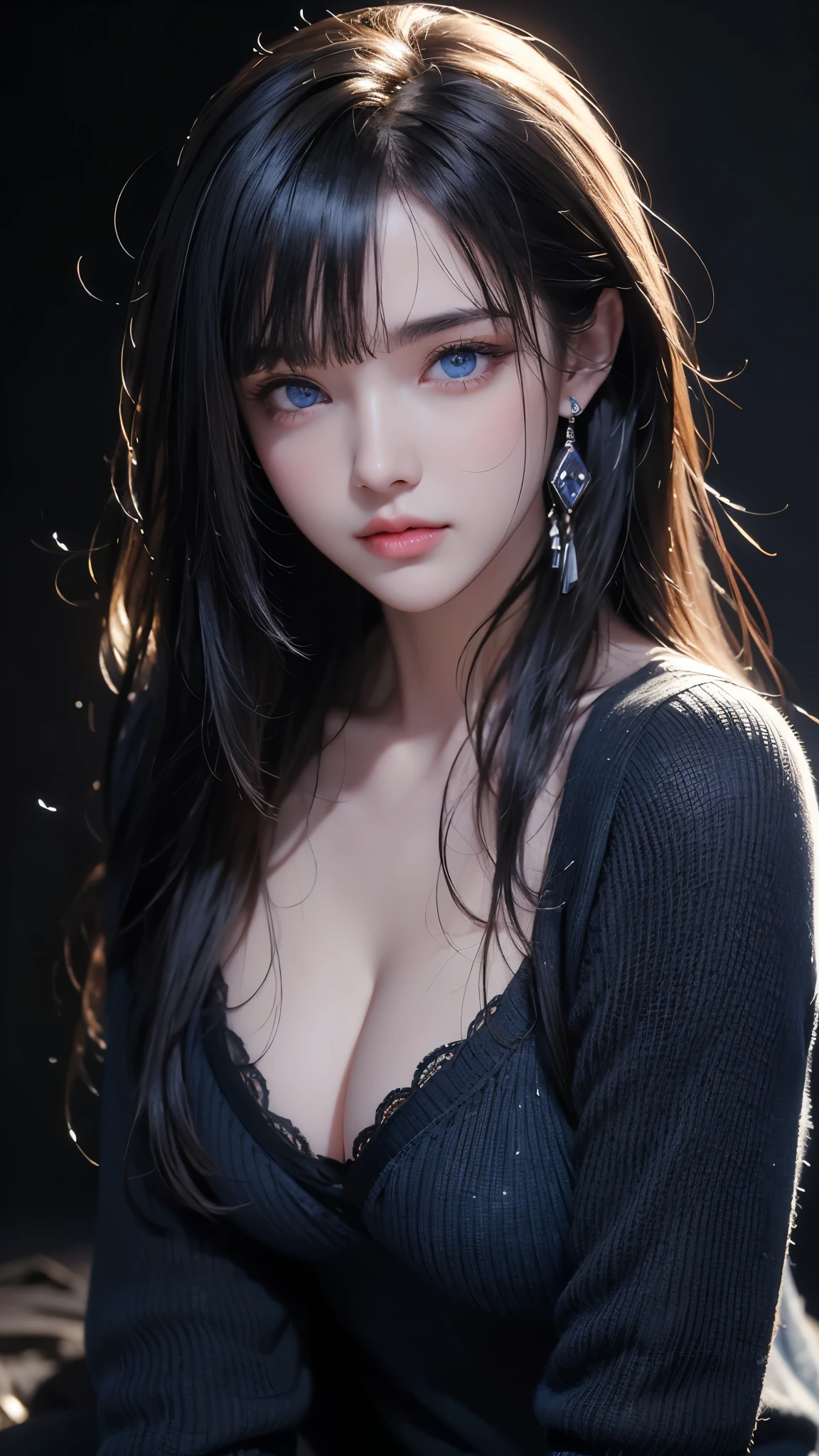 masterpiece, highest quality, Super detailed, Facing the camera, 複雑に詳細なSuper detailed, Realistic, Sharp features, Very detailed, Sharp focus, Perfect Face, Perfect Face, Perfect symmetrical perfect eyes, Perfect Plump Lips, Flexible female form, Cinematic, Film Light, Super detailed, hyper Realistic, masterpiece, Atmospheric, High resolution, Vibrant, Dynamic Studio Lighting, ((Dark Background)), The expression when receiving pleasure, Straight bangs, blue eyes,Black sweater, Cowboy Shot,The cleavage is visible