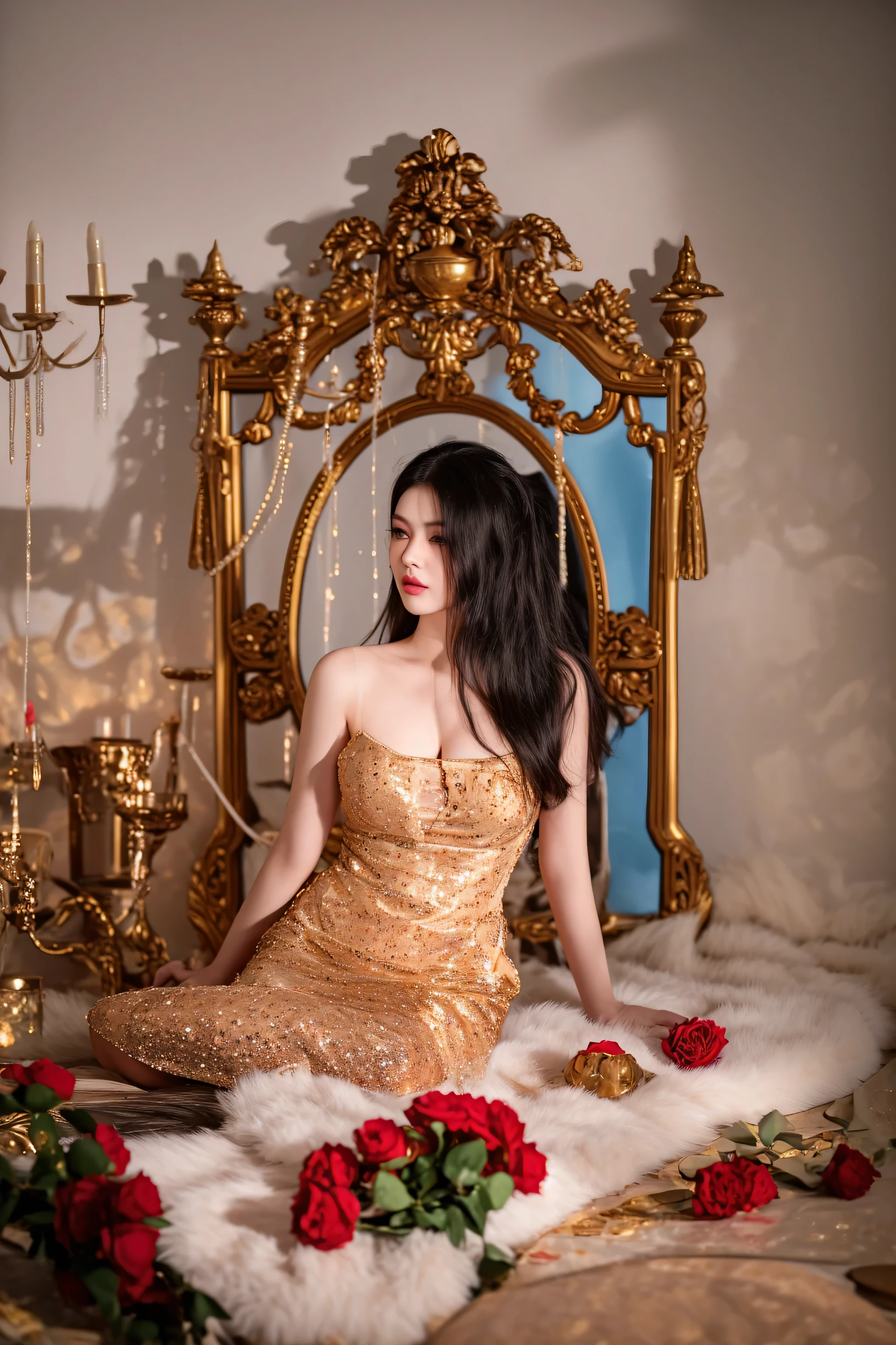 araffe sitting on a bed of fur with roses and candles, portrait shot, beautiful oriental woman, chinese princess, portait of haifa wehbe, sitting in a gilded throne, sha xi, by John La Gatta, golden goddess, 4 k glamour photography, sitting on a golden throne, chinese empress, an asian woman, mai anh tran, chinese woman